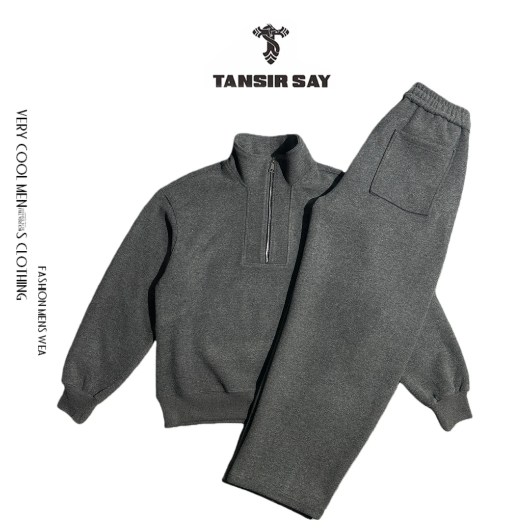 TANSIR SAY秋冬重磅立领呢子麻灰色套装轻奢时尚休闲百搭黑色