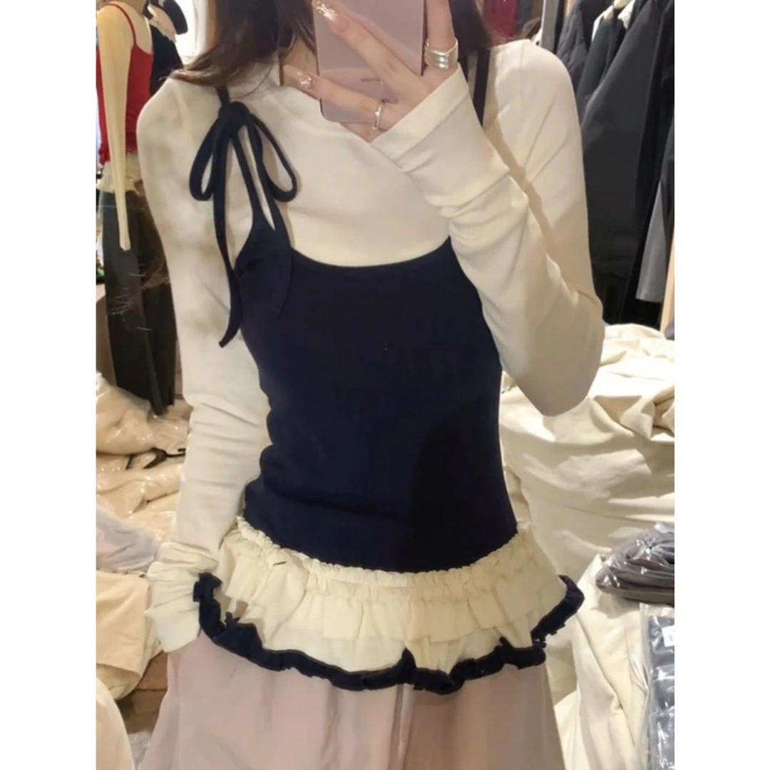 韩系假两件吊带拼接T恤女外穿早春2025新款修身长袖花边裙摆上衣