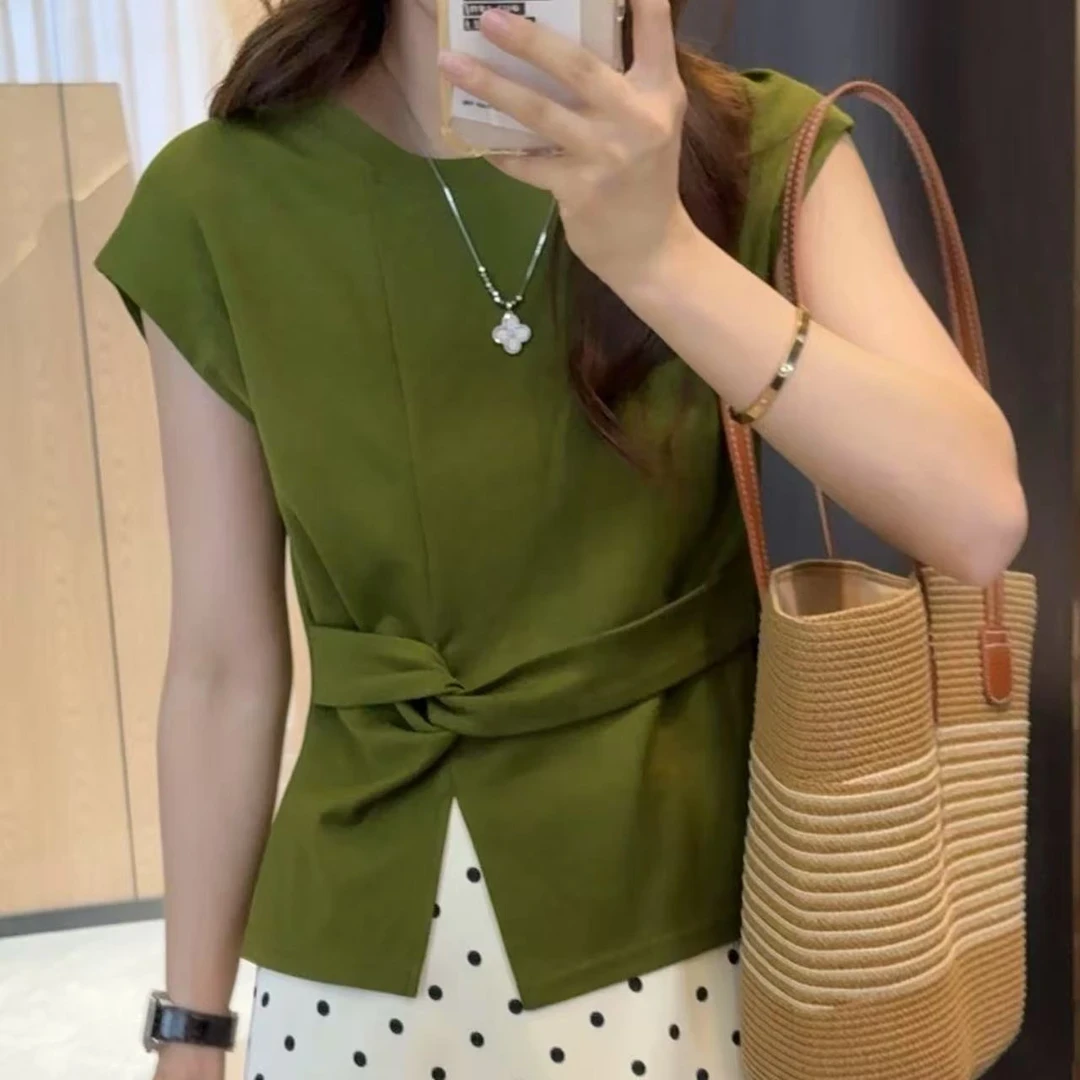 时尚短袖T恤女2025年夏新款设计感小众收腰显瘦百搭圆领无袖上衣