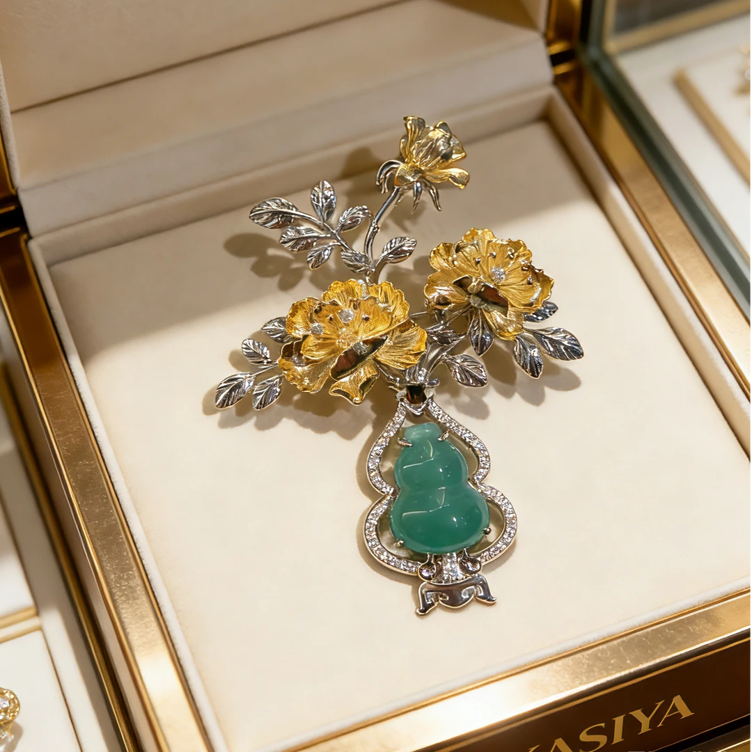 kasiya/卡思雅 铜合金胸针 轻奢牡丹花绿色葫芦花瓶胸针