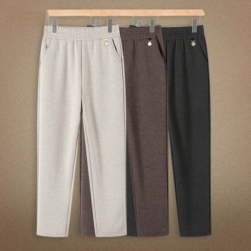 50多岁妈妈裤子春秋外穿2025新款中老年女裤休闲大码松紧腰哈伦裤