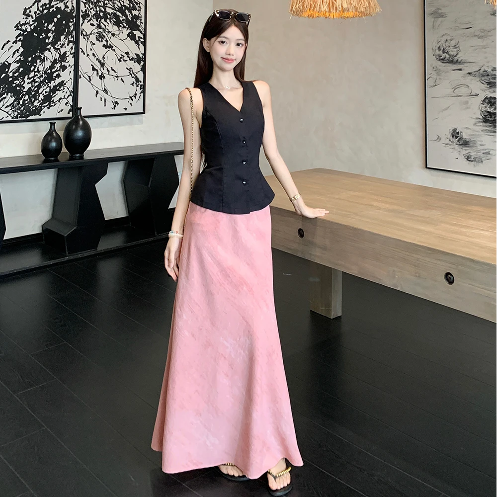 老钱风V领修身马甲上衣高腰半身长裙2025夏季酷飒风女装高级感