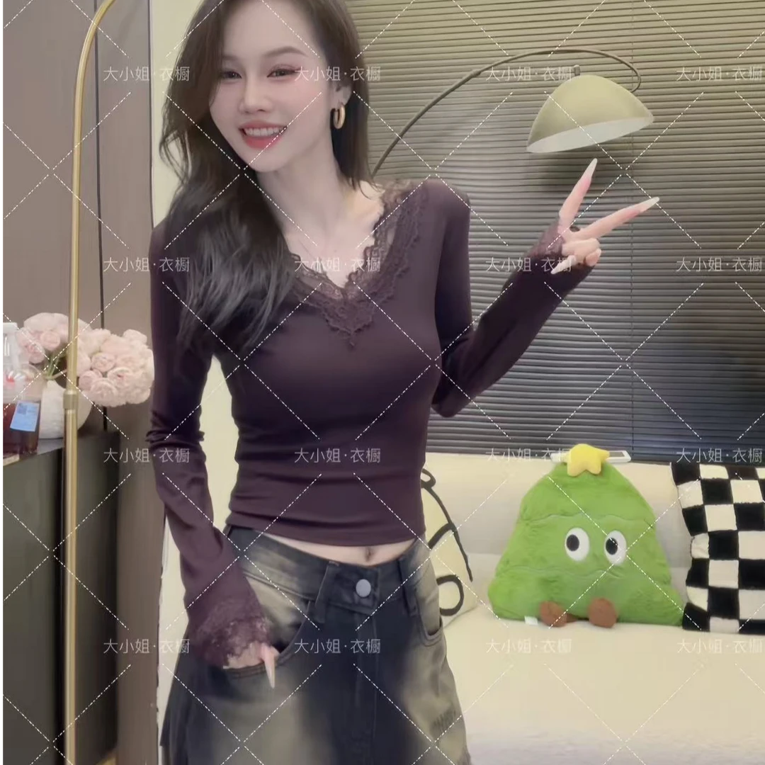 【DXJ家定制】秋季新款V领蕾丝拼接设计感上衣T恤女修身显瘦打底衫