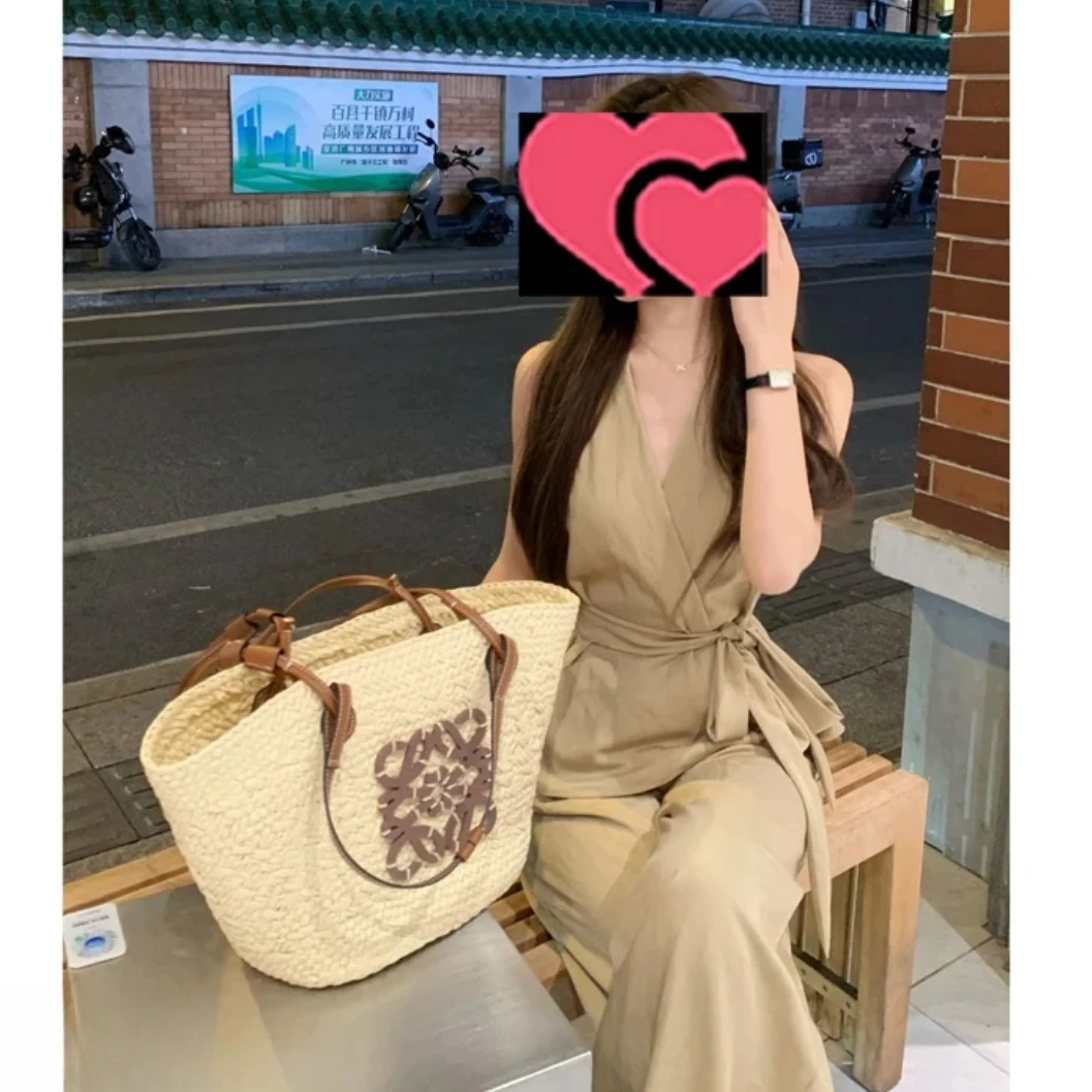 2025夏新款高腰阔腿裤套装纯欲辣妹气质绑带V领无袖背心上衣7886