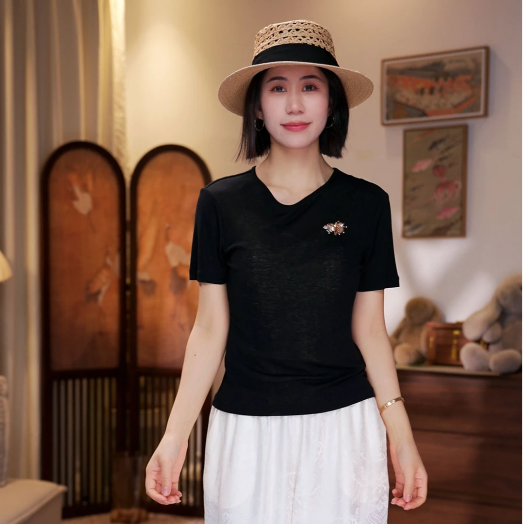 【小金鱼】新中式金鱼钉珠天丝羊毛柔和短袖T恤5442