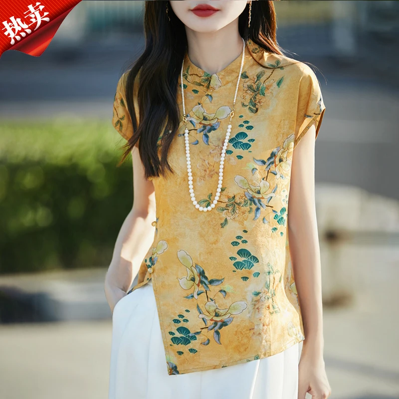 品牌专柜正品夏季新中式国风气质小衫印花珠扣立领短袖衬衫上衣女