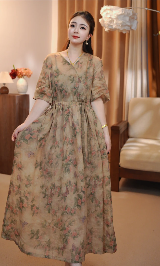 【素雅】夏季新品长款苎麻宽松收腰显瘦系带大裙摆连衣裙长裙A3095