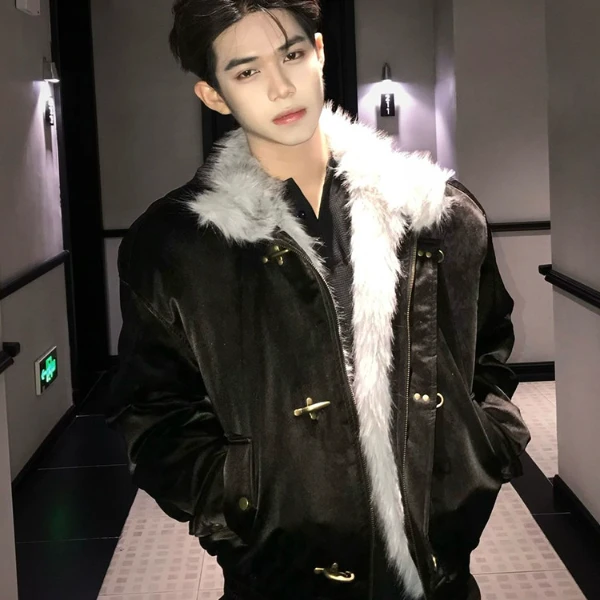 美式加绒加厚毛领棉服高级感痞帅皮衣短款飞机扣座山雕外套男冬季