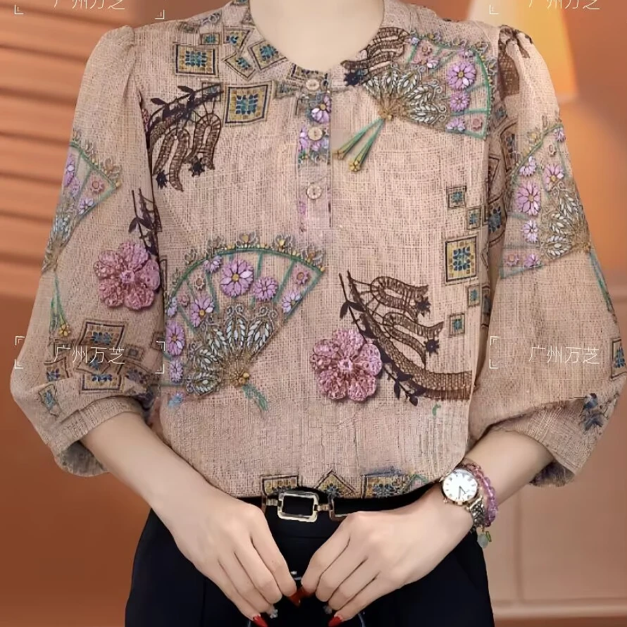 【洒银工艺】夏季薄款七分袖冰丝衬衫大码胖mm遮肚显瘦洋气防晒小衫