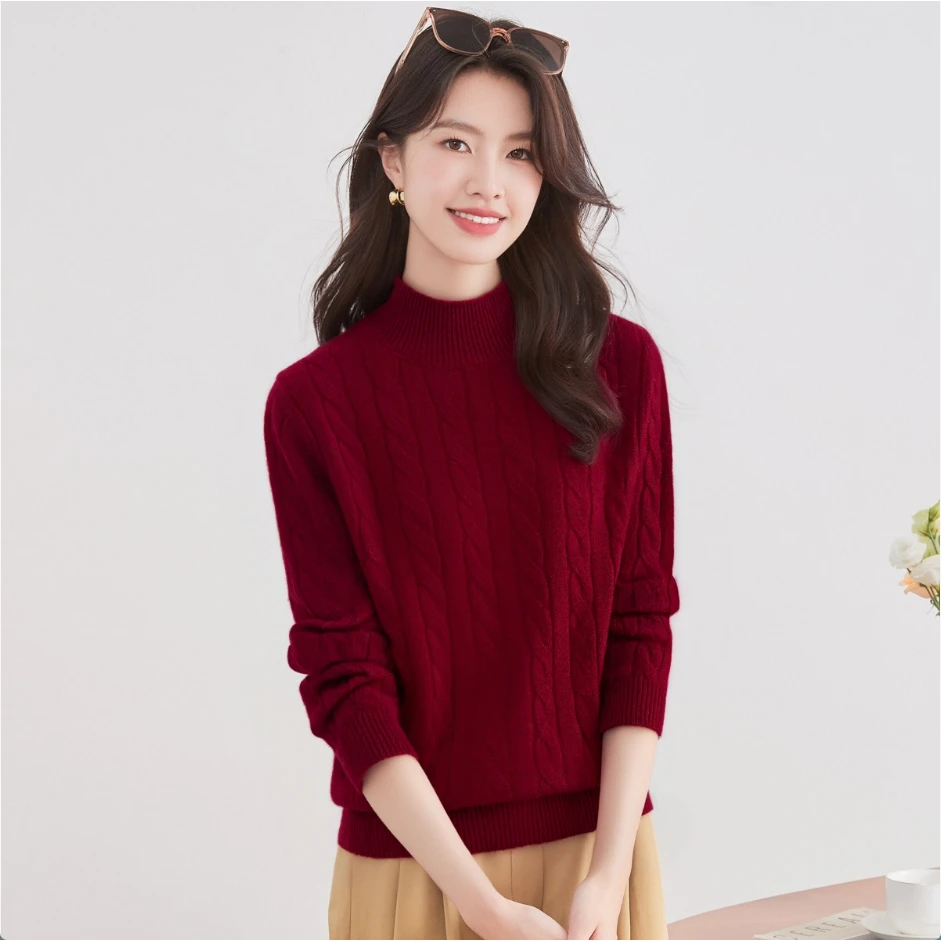 100%山羊绒半高领长袖绞花气质通勤女式羊绒衫25DAK1621