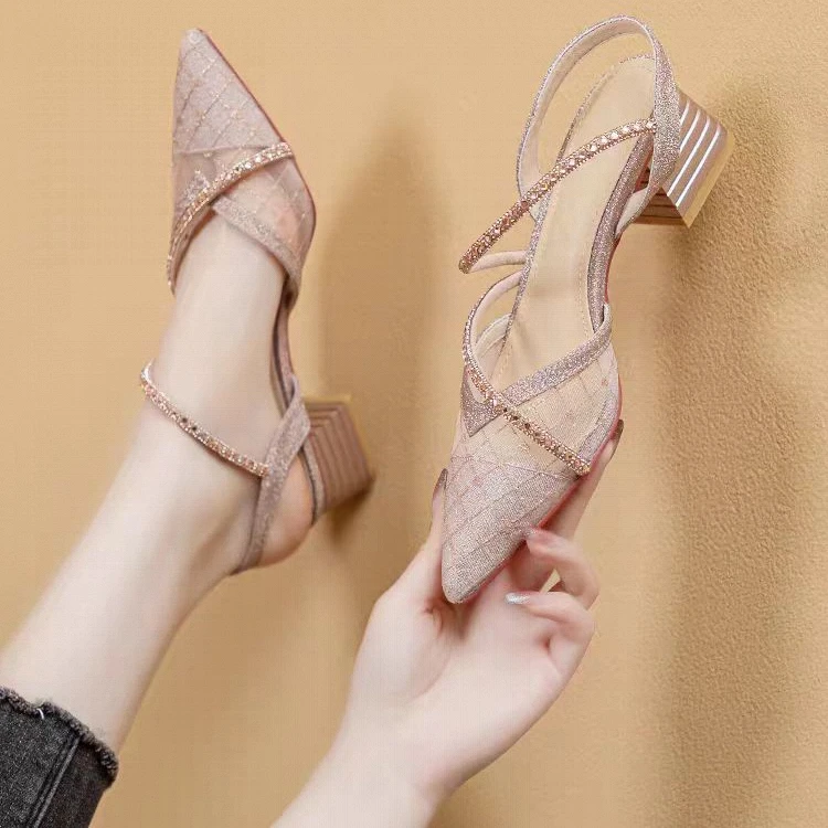 新款鱼嘴女包头尖头蕾丝水钻法式时装百搭鞋气质低跟夏季鞋子细跟