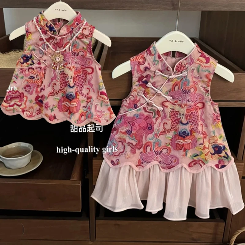 女童新中式唐装盘扣古风上衣宝宝礼服洋气连衣裙锦鲤旗袍裙子潮