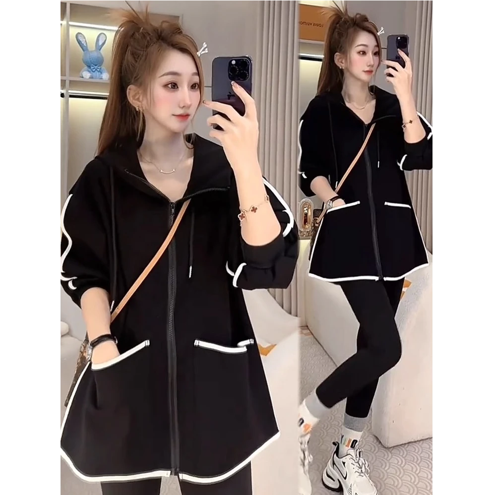 时尚休闲卫衣外套女2025秋冬新款洋气宽松显瘦中长款百搭连帽上衣