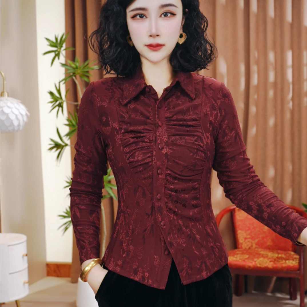 新款翻领洋气百搭气质长袖提花小衫显瘦时尚女士打底衫