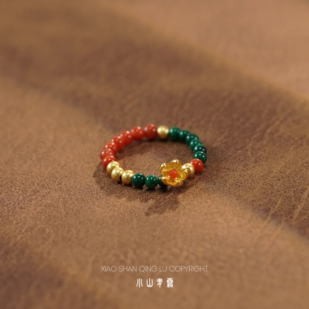 【YFT363】南红有钱花戒指S925银镶嵌  珠子2-3mm