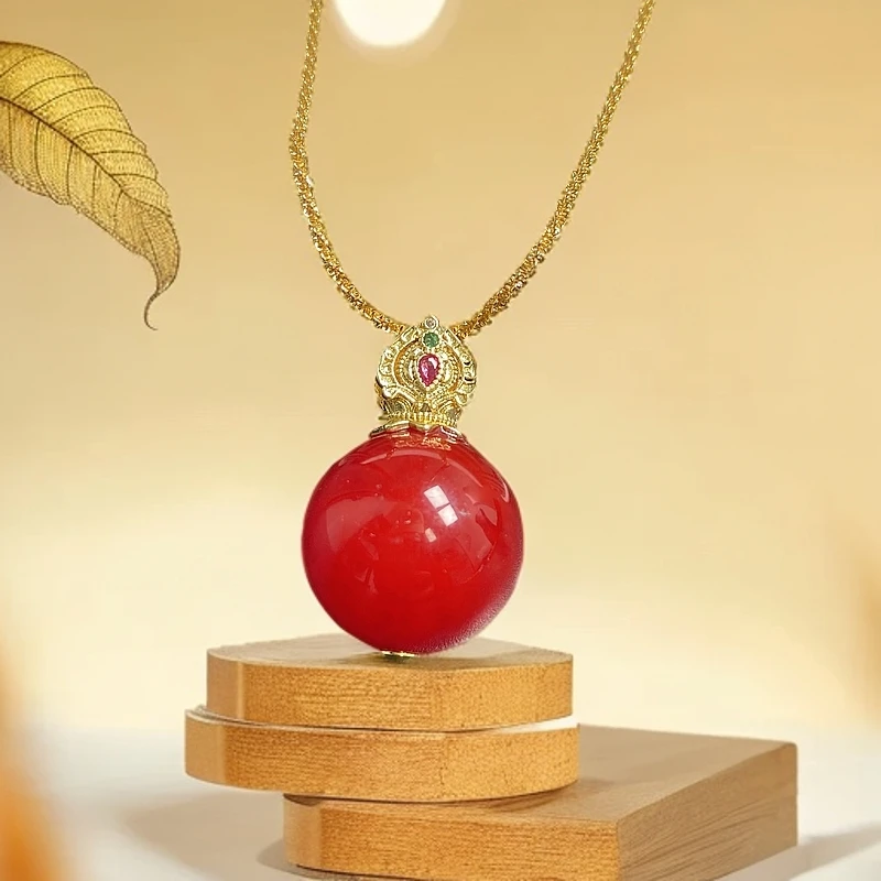 尺寸约20mm天然正品玛瑙玉石鸽血红转运珠单珠设计款吊坠配链子