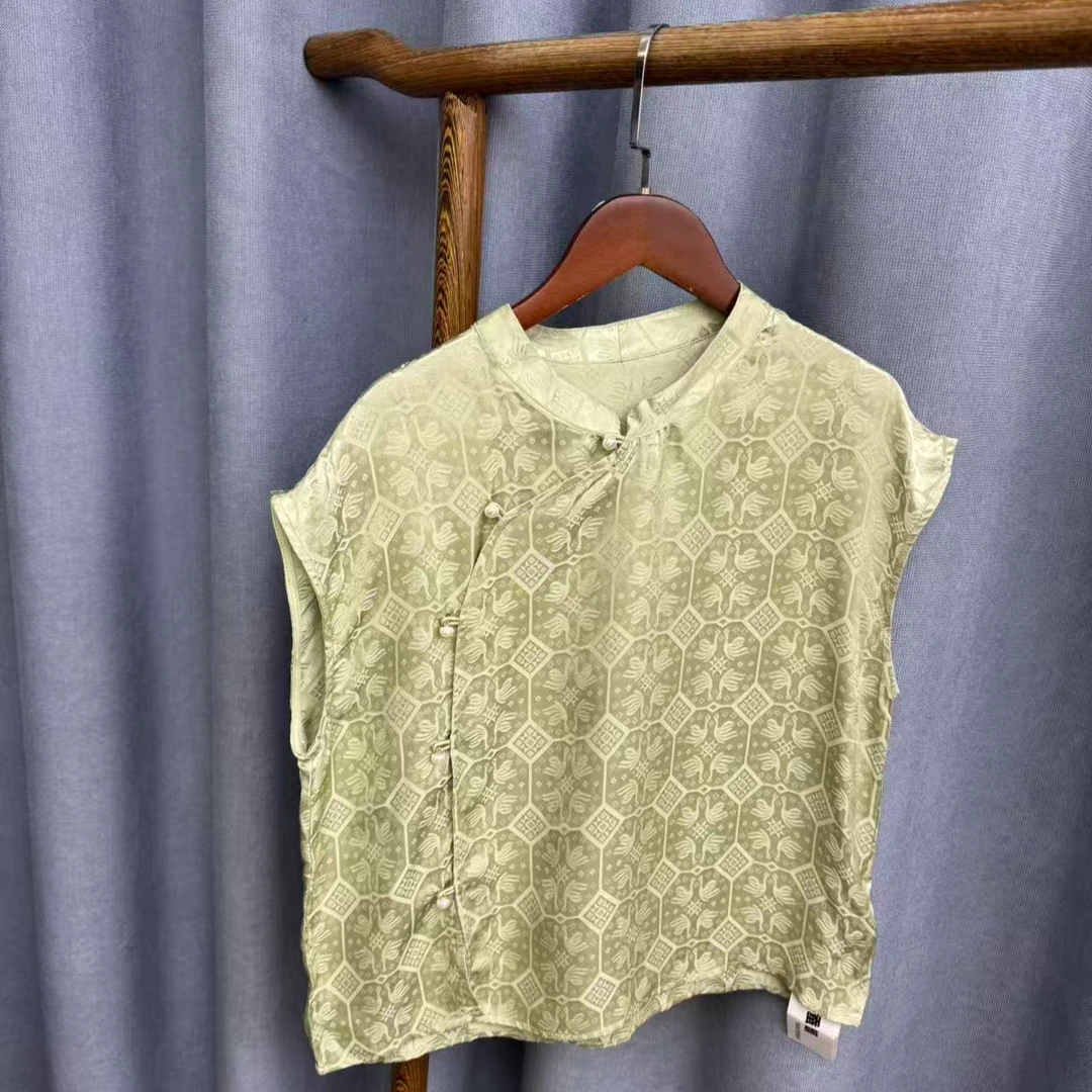 （瑕疵）夏季新款时尚简约新中式桑蚕丝奥黛提花上衣女Z094