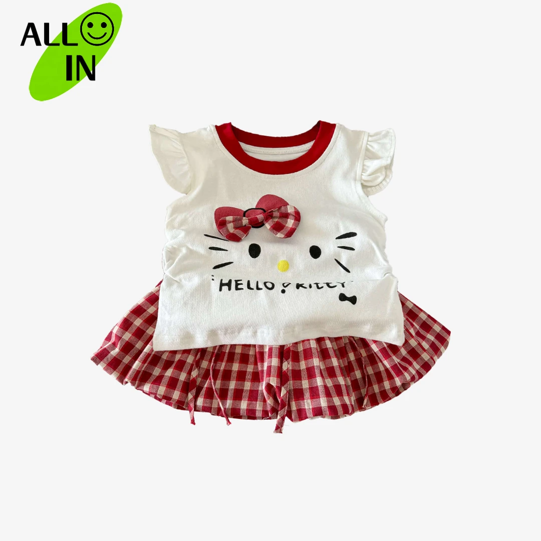 【ALLIN】甩尾夏季新款可爱风女童KT猫短袖格子短裙夏装套装