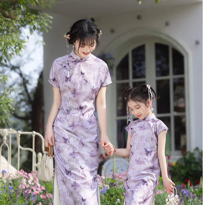 紫色旗袍女童国风夏季夏款民族风国潮中式复古古风薄款洋气气质