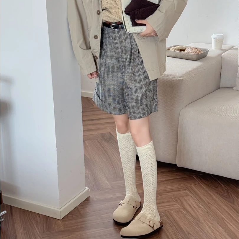 衣人花/秋冬麦穗纹小腿袜女镂空堆堆袜纯色复古袜韩系XT918