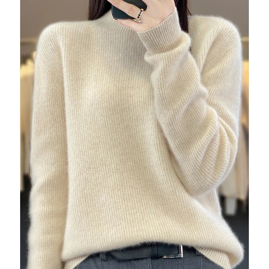 100%纯羊毛一线成衣抽条半高领针织上衣D208清