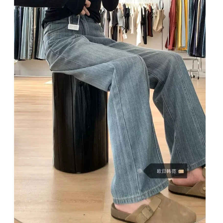 复古蓝阔腿牛仔裤女春季穿搭大码胖mm高腰显瘦遮胯梨型身材直筒裤
