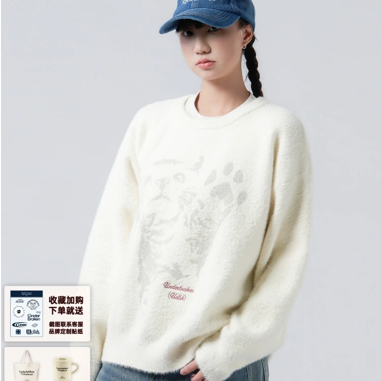 复古猫咪仿貂毛圆领毛衣慵懒高级感针织衫女2025秋冬新款加厚上衣