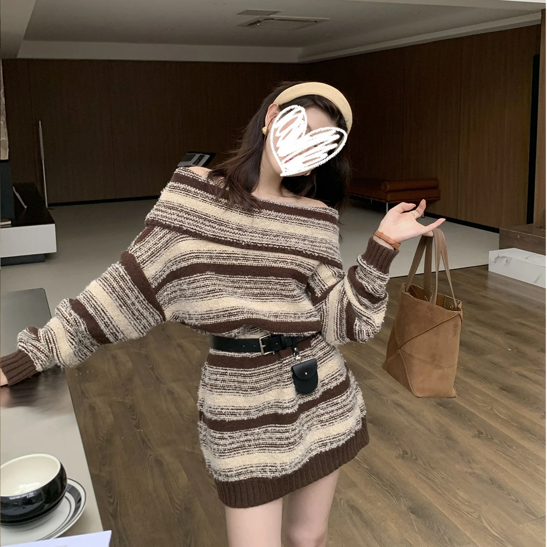 2025秋冬时尚百搭条纹一字肩长袖裙子拼色加厚毛衣连衣裙女00709