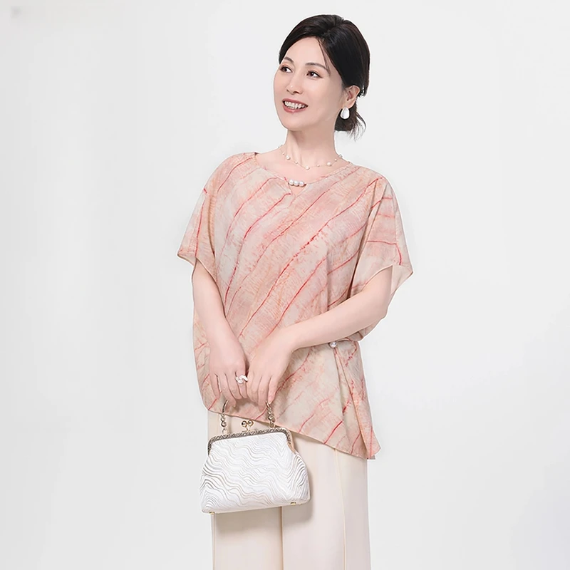 2025夏季新款条纹衬衫显瘦套装气质时尚妈妈装透气印花两件套