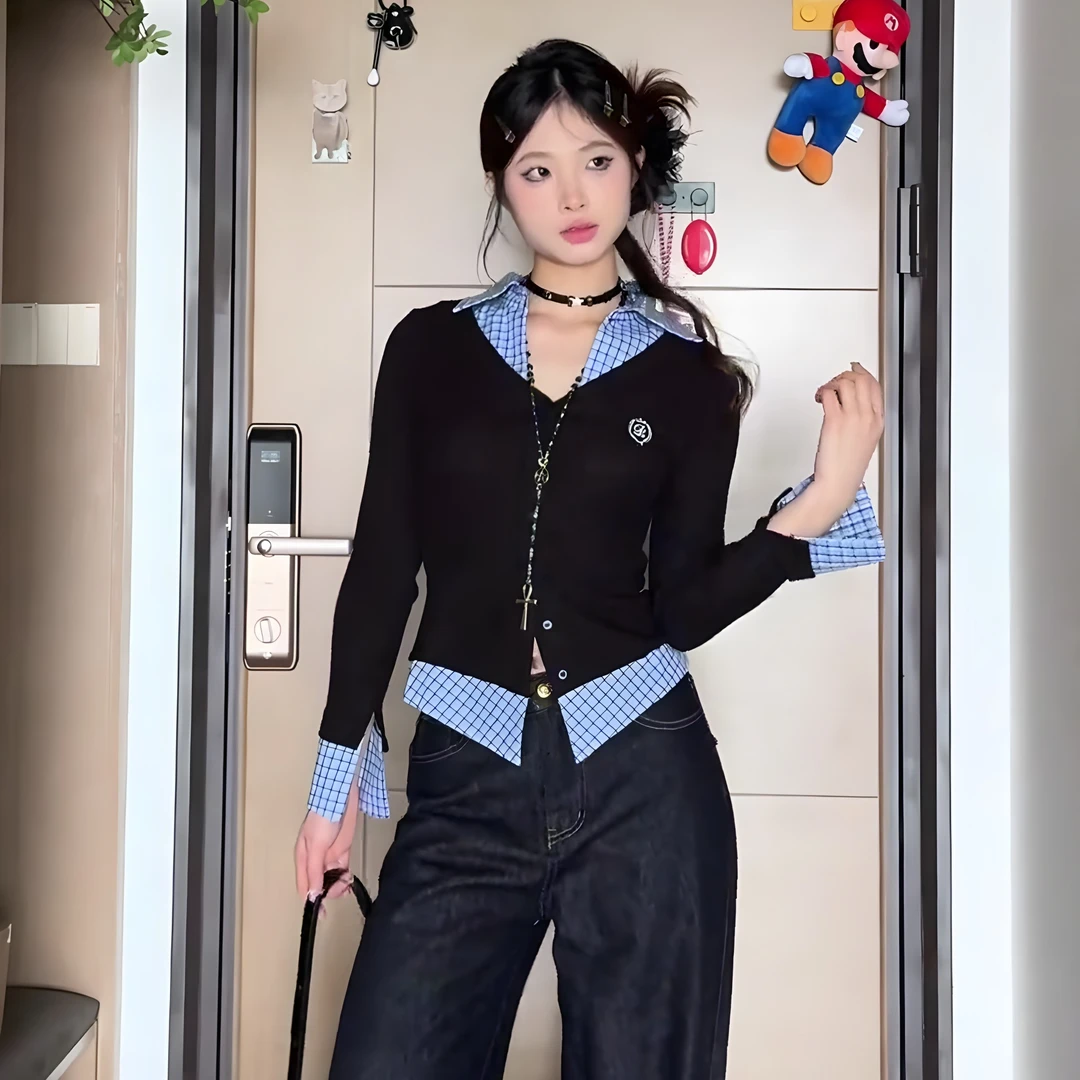 韩系格纹假两件polo领长袖t恤女高级感修身独特气质通勤内搭上衣