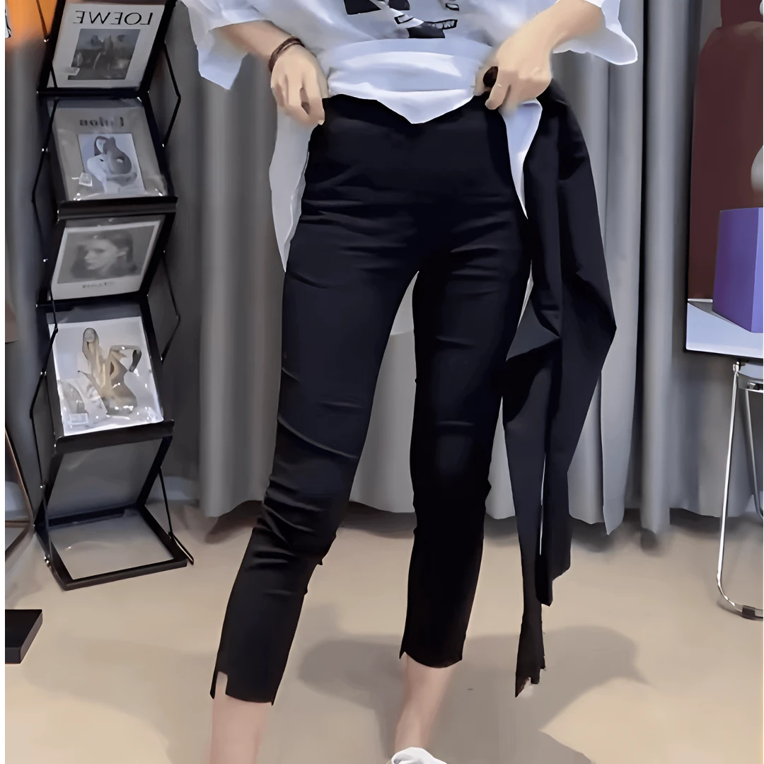 欧货不规则面膜裤速干显瘦打底八分裤小个子高腰烟管裤夏季女薄款