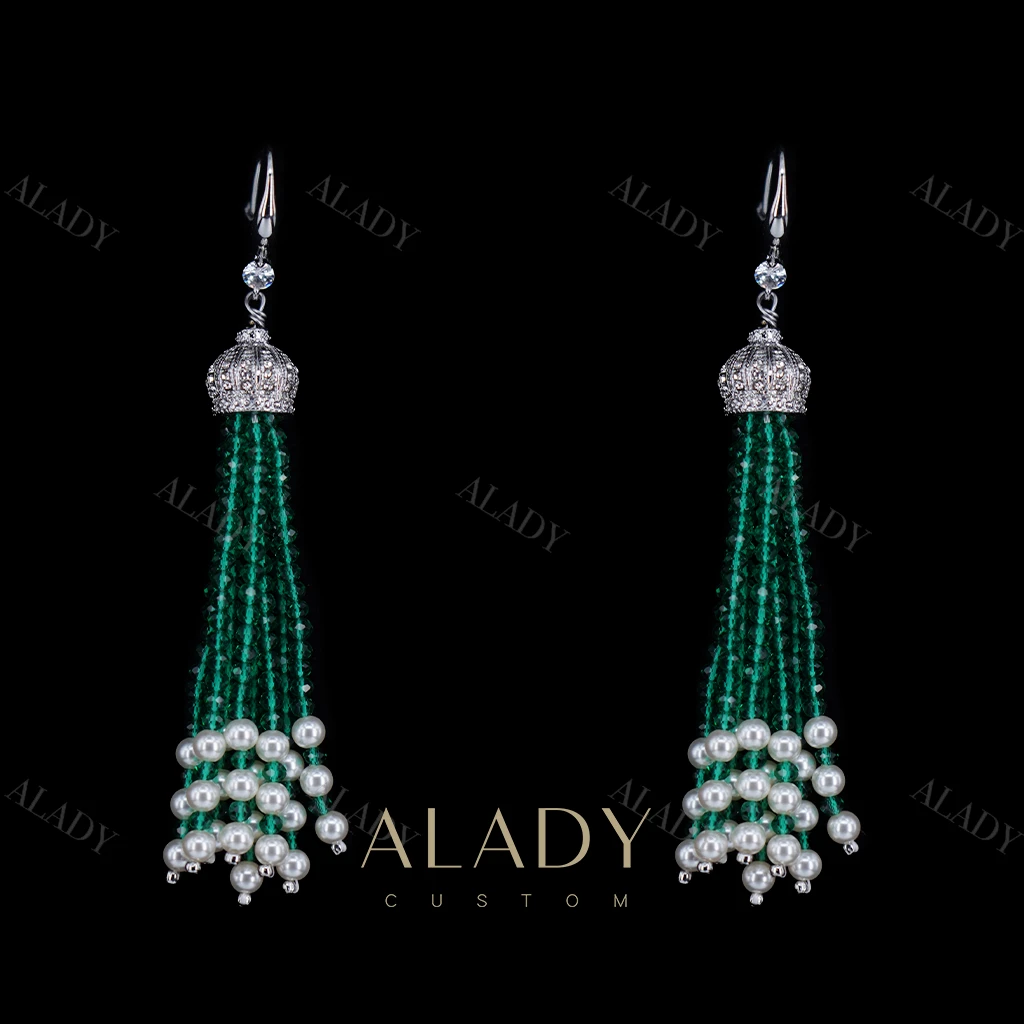 合金仿珍珠耳饰 【翠瀑】时尚气质款摇曳绿流苏耳钉