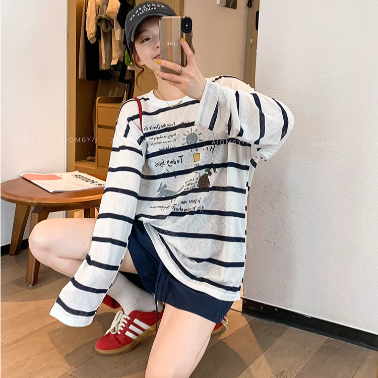 爱情魔鬼鱼 条纹卡通字母印花长袖T恤女2025夏秋新款宽松休闲上衣