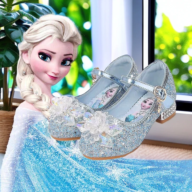 高跟鞋春秋新款爱莎冰雪奇缘公主水晶软底单鞋水晶儿童银色高跟鞋