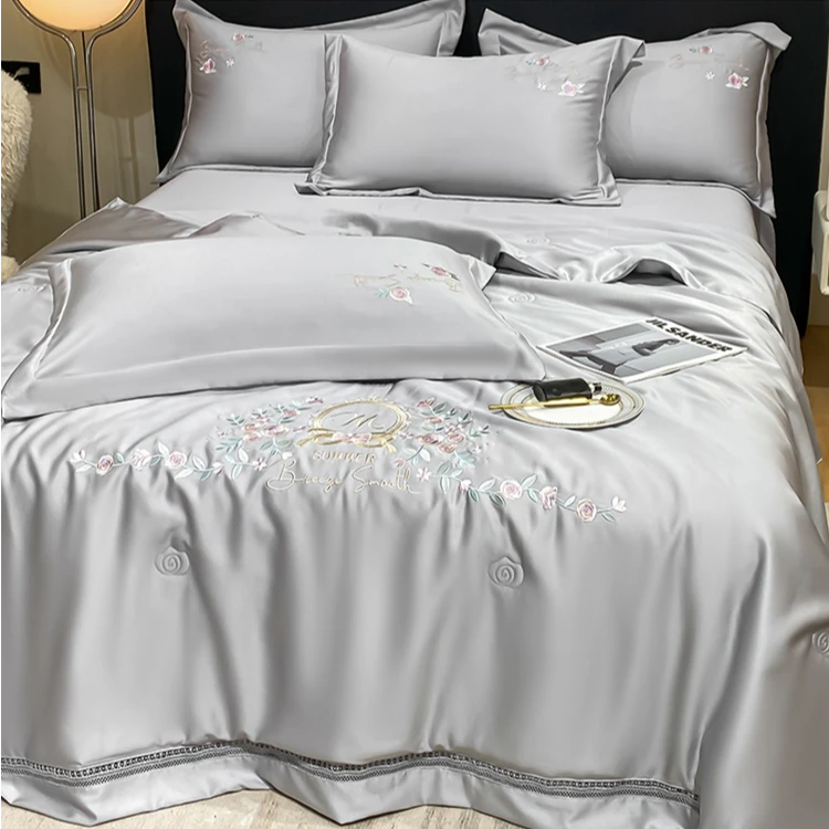 【风吹半夏】灰绣花夏凉被四件套可机洗裸睡空调被子凉感夏被