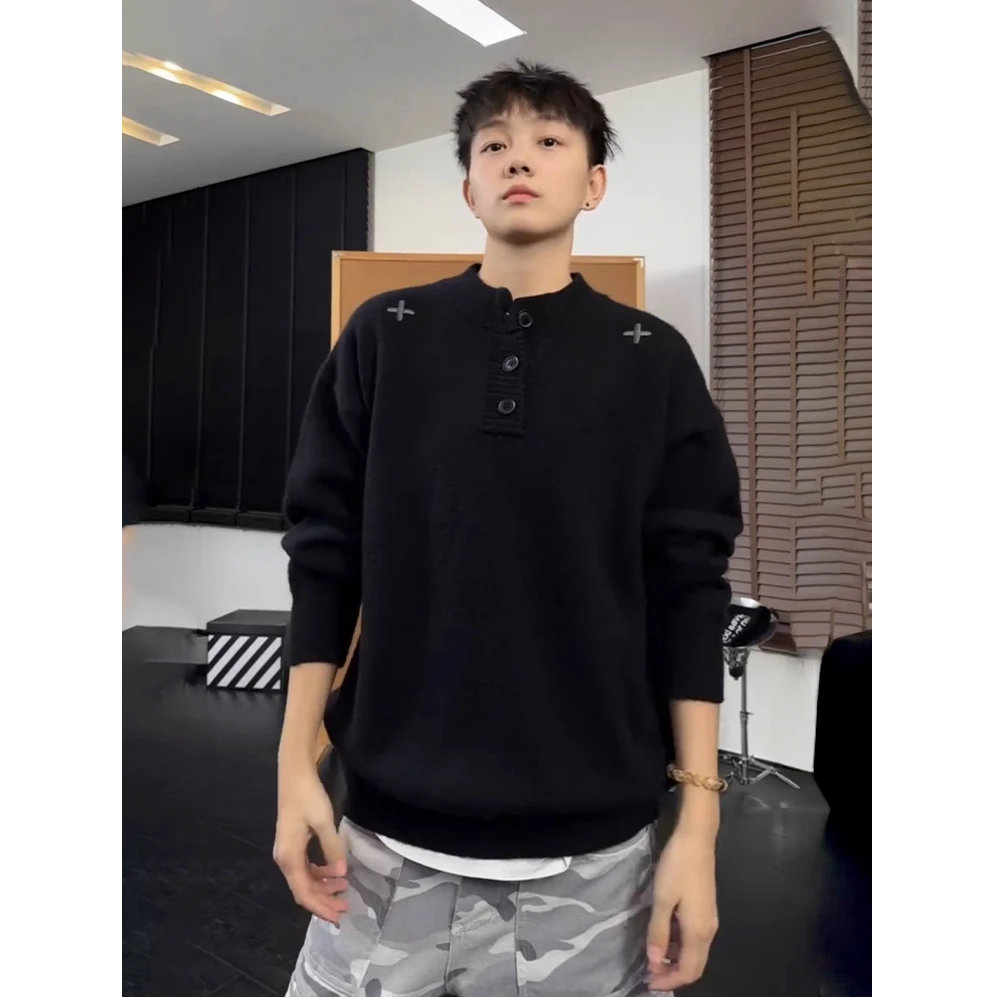 黑色美式亨利领毛衣男女款秋冬慵懒高级感针织衫刺绣加厚打底内搭