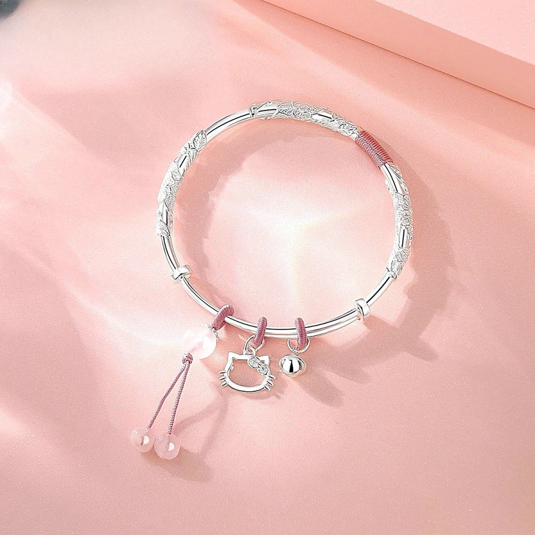 老凰祥足银999繁花Kitty银吊坠KT猫纯银手镯子实心生日礼物送女生