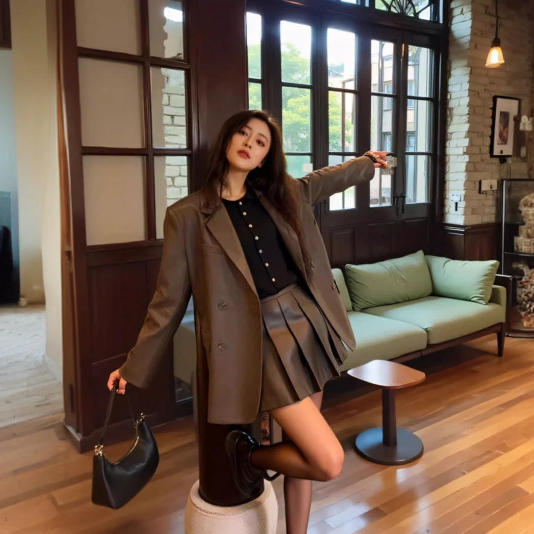 2025春季新款黑色复古PU皮衣西装外套女宽松休闲气质高级感上衣女