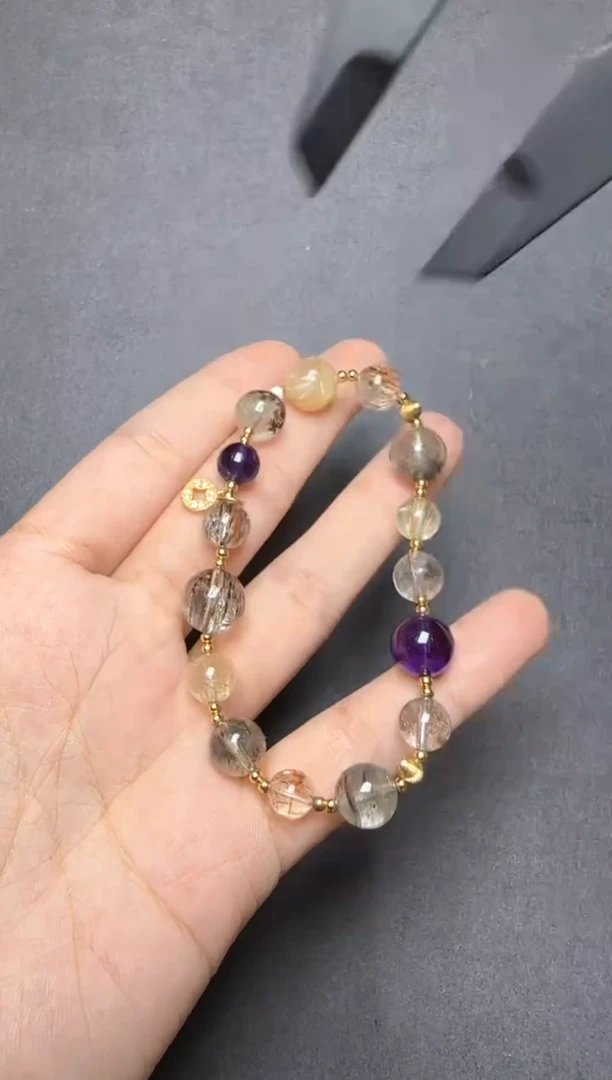 未镶嵌手链水晶精品超七发晶半盆圆珠设计款DIY配件S925银