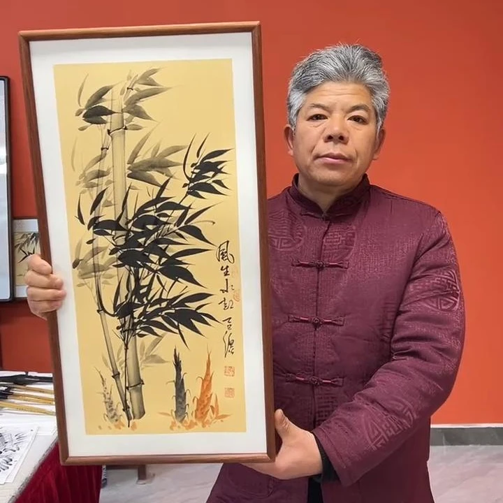 张富民作品/风生水起（乌檀木实木框）（竖版）/36*69厘米左右