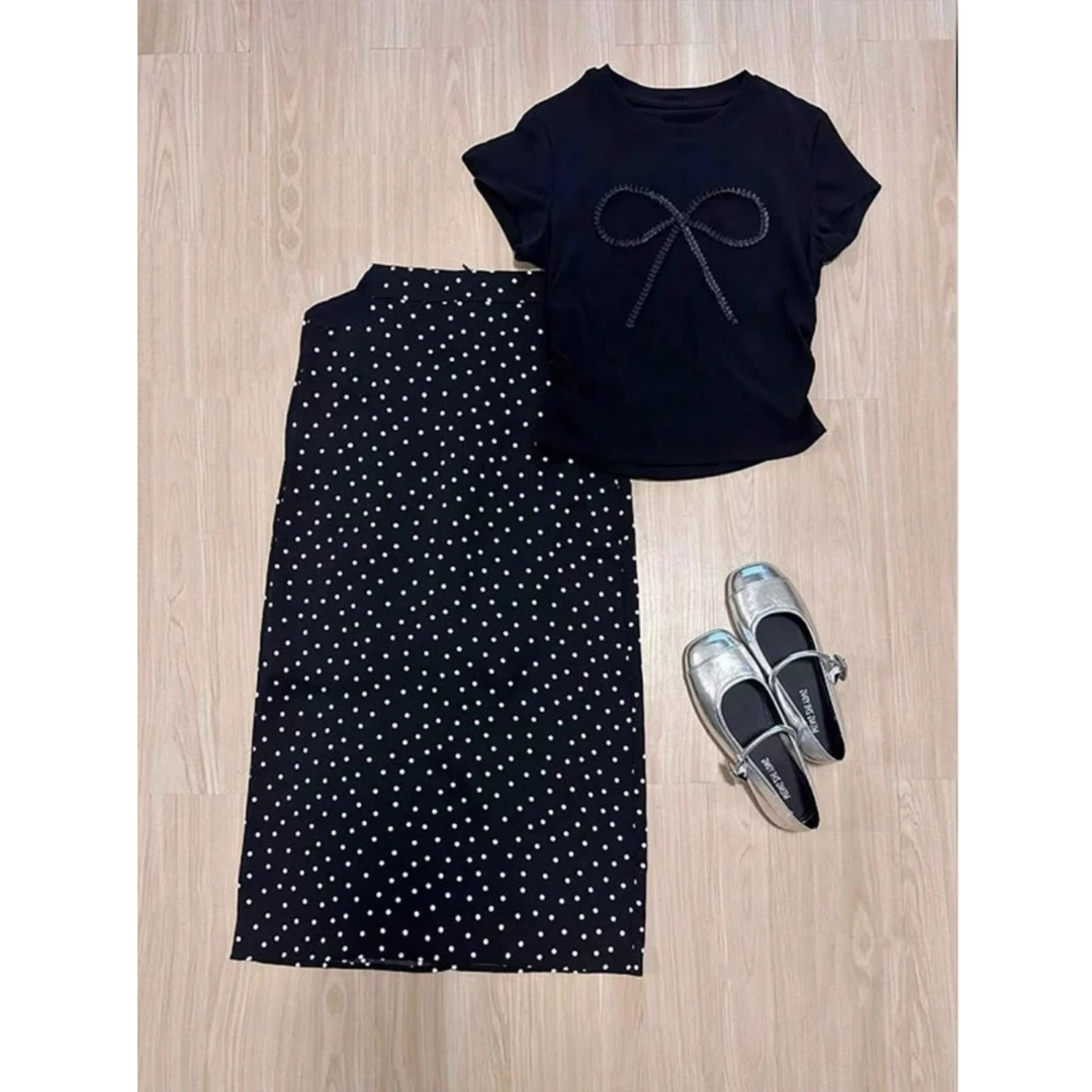 夏装搭配一整套时尚蝴蝶结t恤上衣波点半身裙显瘦减龄时髦套装女