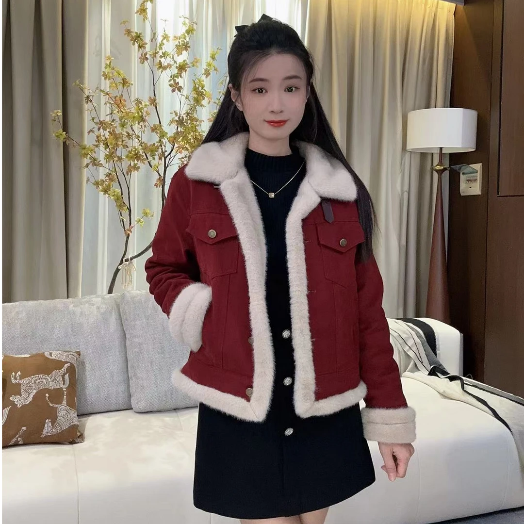 碧高作品 小个子短款加绒加厚牛仔拼接毛毛外套