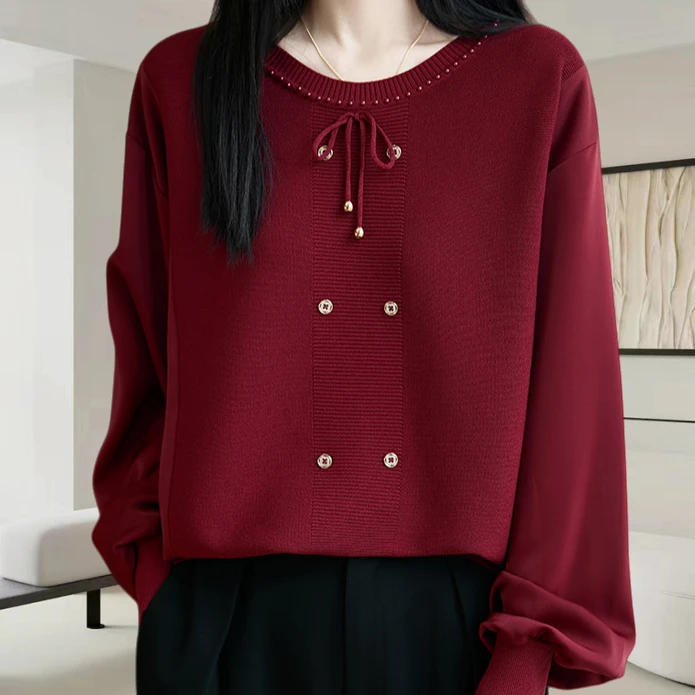 2025秋冬新款女大码针织拼接打底衫宽松遮肚子显瘦内搭薄款上衣