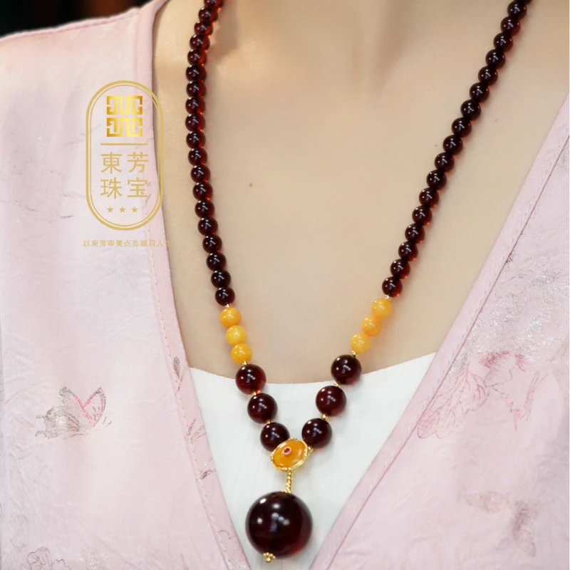 東芳珠宝-24mm缅甸天然琥珀血珀项链琥珀蜜蜡项链百搭时尚