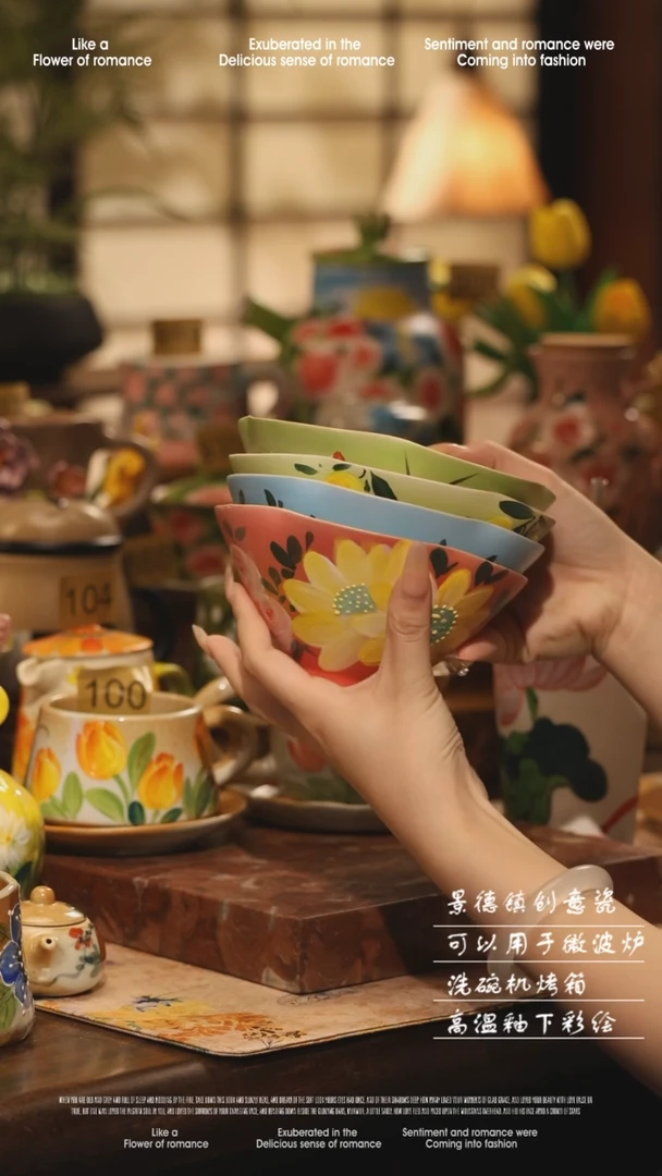 陶瓷四件套景德镇高温手绘釉下彩设计师款式