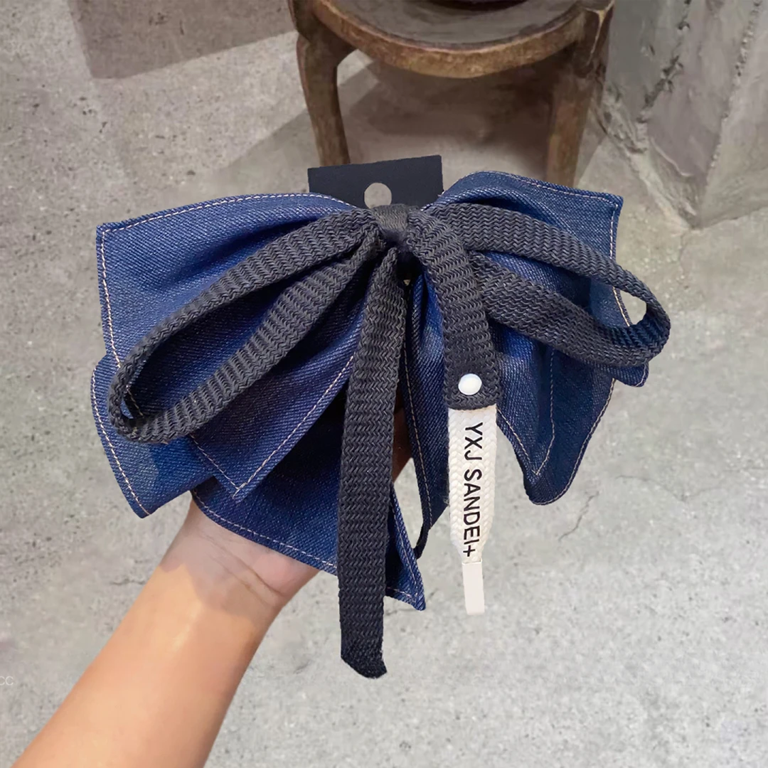 韩版牛仔布蝴蝶结发夹气质马尾夹秋冬新款半扎发盘发抓夹发饰发卡