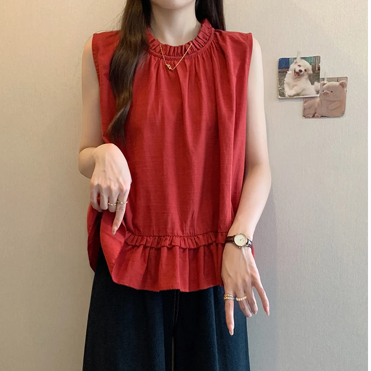 大码夏季新款褶皱设计感木耳边无袖衬衫女胖妹妹遮肉显瘦简约上衣