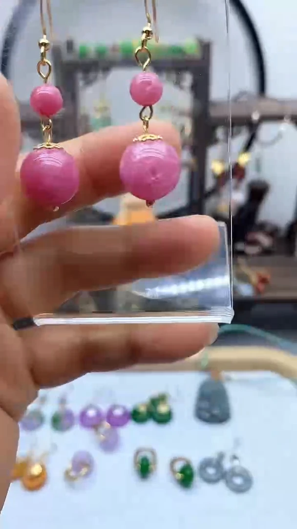 菱锰矿（红纹石）14K金镶嵌耳饰36