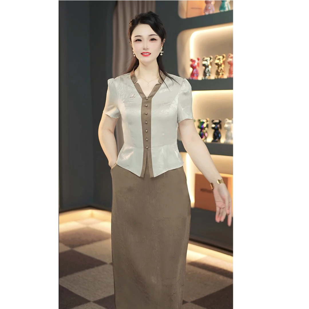 简约印花夏季时尚新款修身显瘦气质提花缎面假两件连衣裙