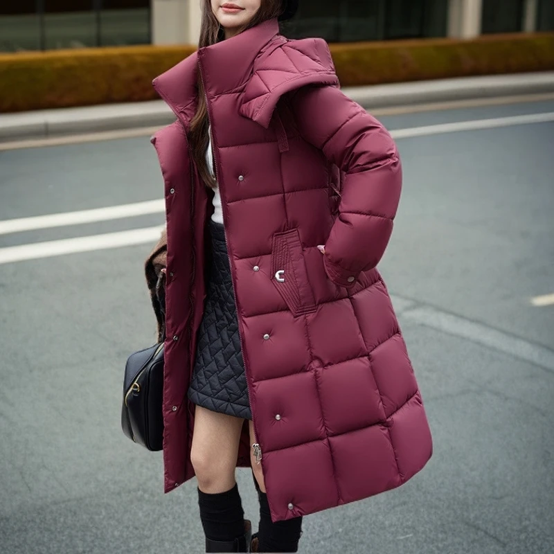 新款服女装长款过膝棉袄收腰显瘦冬季加厚连帽外套女保暖时尚棉服